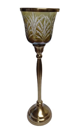 Γυάλινο Χρυσό/Μελί Κηροπήγιο Με Μεταλλική Χρυσή Αντικέ Βάση 11.5x11.5x38cm