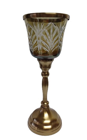 Γυάλινο Χρυσό/Μελί Κηροπήγιο Με Μεταλλική Χρυσή Αντικέ Βάση 11.5x11.5x28cm