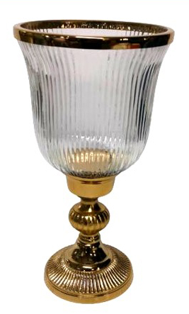 Γυάλινο Κηροπήγιο Με Μεταλλική Χρυσή Ραβδωτή Βάση 19x19x38cm