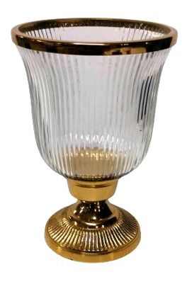 Γυάλινο Κηροπήγιο Με Μεταλλική Χρυσή Ραβδωτή Βάση 19x19x29cm
