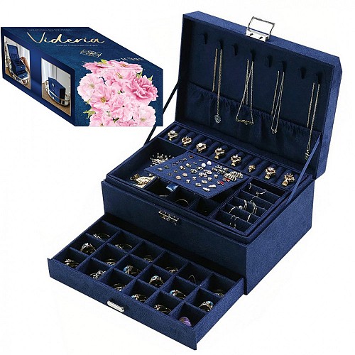 Κοσμηματοθήκη-Μπιζουτιέρα 3 Επιπέδων Velvet Navy Blue 24χ17χ11.5cm Maripel  PD119GRAN