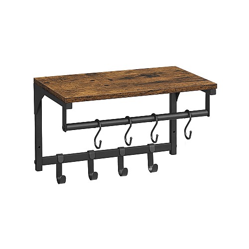 VASAGLE Επιτοίχια Κρεμάστρα με Ράφι & Ράγα Ρούχων – 8 Αποσπώμενοι Γάντζοι, Vintage Καφέ/Μαύρο  LCR103B01