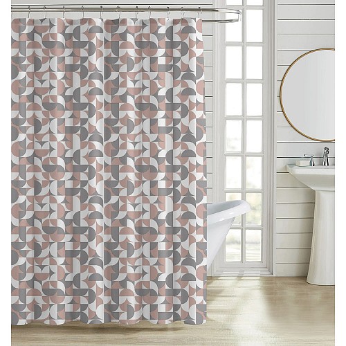 ΚΟΥΡΤΙΝΑ ΜΠΑΝΙΟΥ ΠΟΛΥΕΣΤΕΡΙΚΗ 180x180εκ 90gsm ΜΕ 12 ΚΡΙΚΟΥΣ ΓΕΩΜΕΤΡΙΚΟ ΜΟΤΙΒΟ ΡΟΖ ΚΑΙ ΓΚΡΙ ΧΡΩΜΑ ANKOR