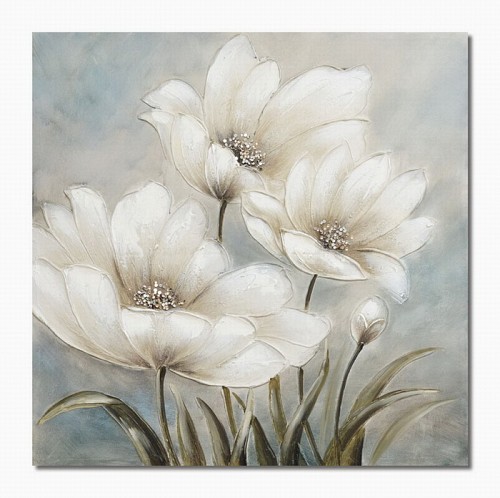 Πίνακας Σε Καμβά Λουλούδια Με Ασημί Λευκή Λεπτομέρεια 60x60x3cm