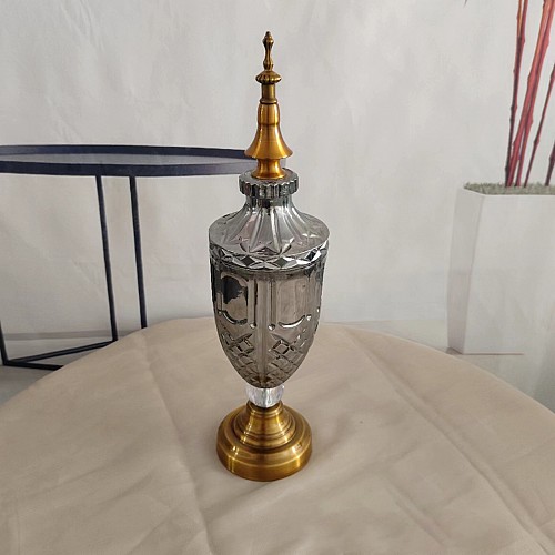 Διακοσμητική Γυάλινη Φοντανιέρα Με Χρυσό Μεταλλικό Καπάκι Και Αντικέ Πόδι 42x10cm