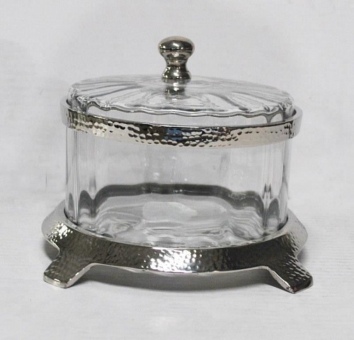 Φοντανιέρα Γυάλινη Με Καπάκι & Μεταλλική Ασημί Βάση  20x20x15cm