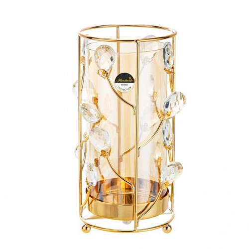 Κηροπήγιο Γυάλινο/ Μέταλλο Με Χρυσές Διακοσμητικές Διακλαδώσεις 11.8x11.8x24cm