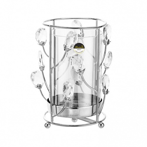 Κηροπήγιο Γυάλινο/ Μέταλλο  Με Ασημί Διακοσμητικές Διακλαδώσεις 11.8x11.8x19.2cm