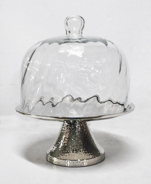 Τουρτιέρα Μεταλλική με Καπάκι Γυάλινο & Πόδι Ασημί 23x23x19cm