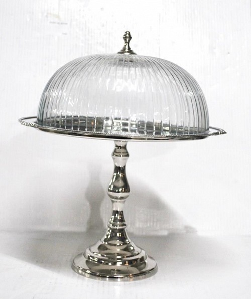 Τουρτιέρα Μεταλλική με Καπάκι Γυάλινο & Πόδι Ασημί 25.5x25.5x30.5cm