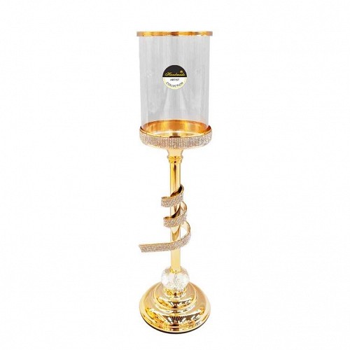 Ψηλό Γυάλινο Κηροπήγιο με Μεταλλικό Χρυσό Πόδι & Στρογγυλή Βάση 12x45cm GO787M