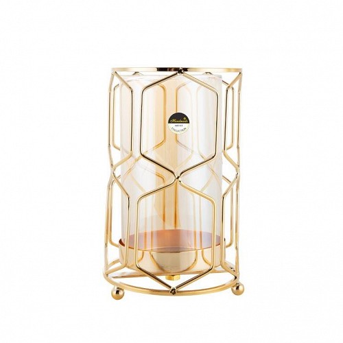 Γυάλινα Κηροπήγια Με Χρυσές Μεταλλικές Λεπτομέρειες 13x21cm