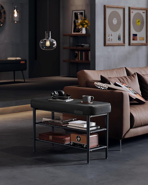 VASAGLE EKHO LSB054B01 Πάγκος Παπουτσιών με Καθισμα — Συνθετικό Δέρμα, Μεταλλικός Σκελετός, 3 Επίπεδα Ραφιών, Αντοχή 135 kg — Μαύρο Ink Black 30 × 80 × 50 cm