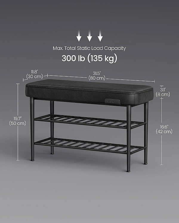 VASAGLE EKHO LSB054B01 Πάγκος Παπουτσιών με Καθισμα — Συνθετικό Δέρμα, Μεταλλικός Σκελετός, 3 Επίπεδα Ραφιών, Αντοχή 135 kg — Μαύρο Ink Black 30 × 80 × 50 cm