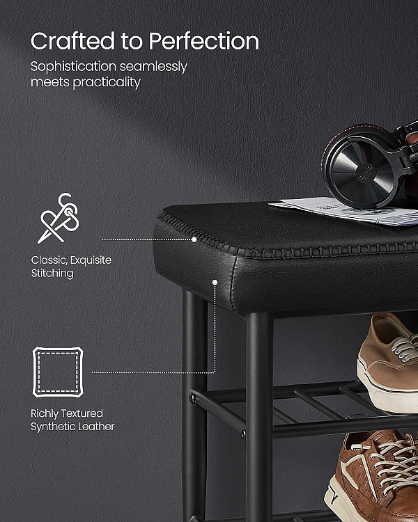 VASAGLE EKHO LSB054B01 Πάγκος Παπουτσιών με Καθισμα — Συνθετικό Δέρμα, Μεταλλικός Σκελετός, 3 Επίπεδα Ραφιών, Αντοχή 135 kg — Μαύρο Ink Black 30 × 80 × 50 cm