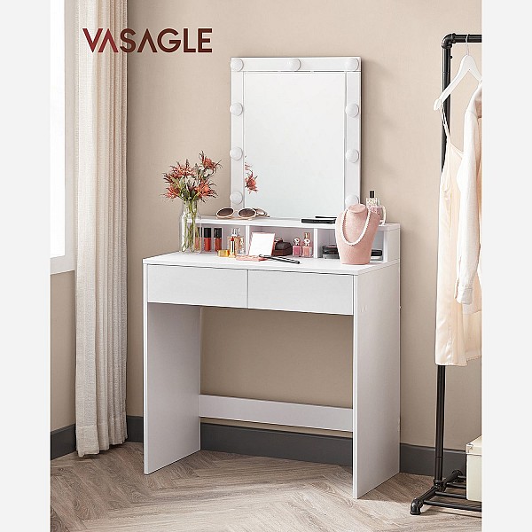 VASAGLE RDT114W01 Τουαλέτα Μακιγιάζ με Καθρέφτη & 9 Λάμπες LED, 2 Συρτάρια και 3 Ανοιχτές Θήκες — Modern Design, Λευκό