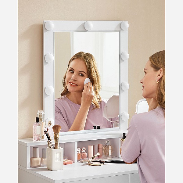 VASAGLE RDT114W01 Τουαλέτα Μακιγιάζ με Καθρέφτη & 9 Λάμπες LED, 2 Συρτάρια και 3 Ανοιχτές Θήκες — Modern Design, Λευκό