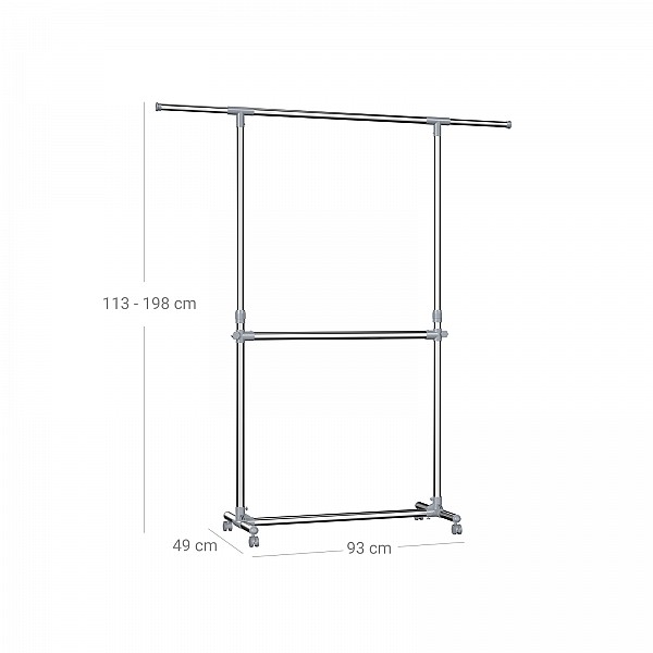 SONGMICS Ρυθμιζόμενη Κρεμάστρα Ρούχων με 2 Ράβδους – Υψηλή Αντοχή, Με Ρόδες, Ασημί LLR401