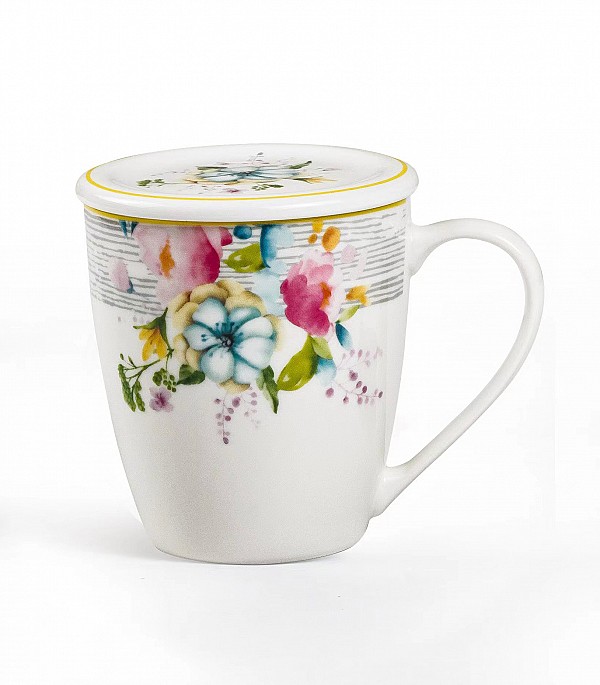 Κούπα Πορσελάνης New Bone 360ml Με Καπάκι Σχέδιο Πολύχρωμα Λουλούδια