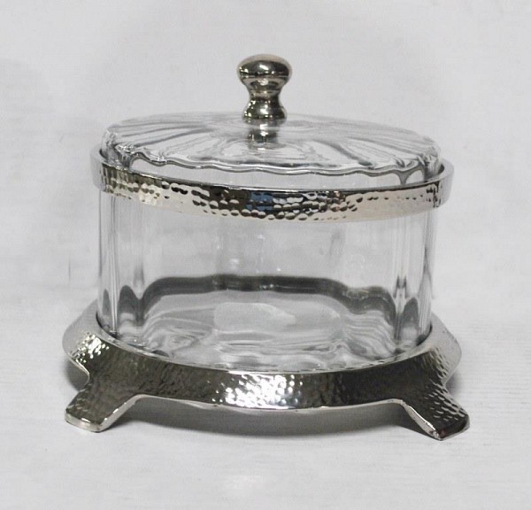 Φοντανιέρα Γυάλινη Με Καπάκι & Μεταλλική Ασημί Βάση  20x20x15cm