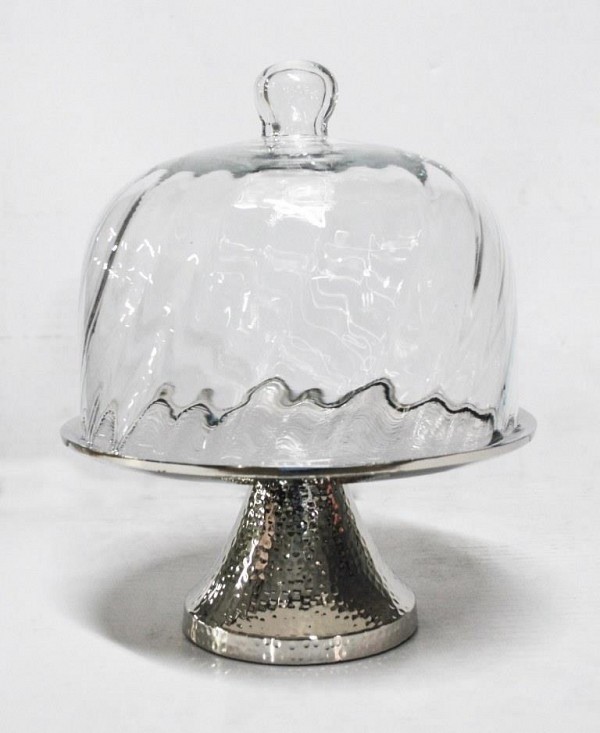 Τουρτιέρα Μεταλλική με Καπάκι Γυάλινο & Πόδι Ασημί 23x23x19cm