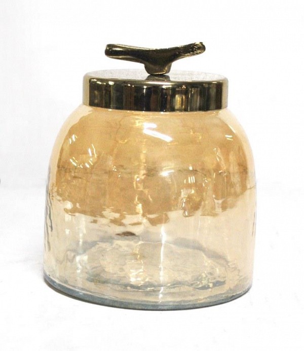 Διακοσμητική Γυάλινη Μελί Φοντανιέρα Με Χρυσό Μεταλλικό Καπάκι 15x15x18cm