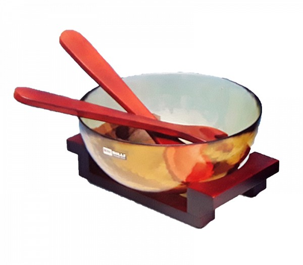 Σαλατιέρα Γυάλινη Με Σετ Σερβιρίσματος Σε Ξύλινη Βάση