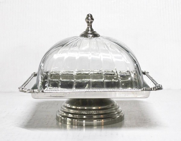 Τουρτιέρα Μεταλλική με Καπάκι Γυάλινο & Δίσκος Τετράγωνος Ασημί 20x20x18cm