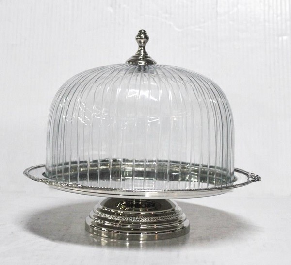 Τουρτιέρα Μεταλλική με Καπάκι Γυάλινο & Πόδι Ασημί 23x23x21.5cm