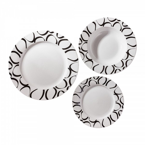 ANKOR Σετ Πιάτων Πορσελάνης 18τμχ με Μαύρο Γεωμετρικό Σχέδιο  Μοντέρνο & Κομψό R2409-18