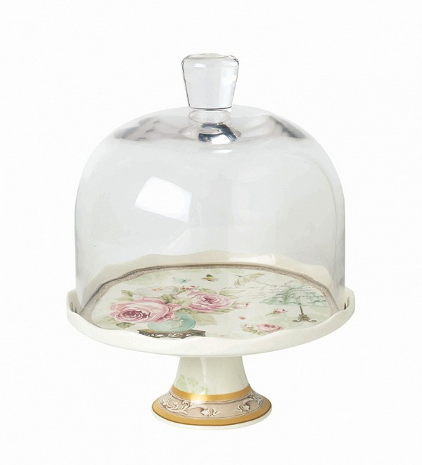 Τουρτιέρα Με Γυάλινο Καπάκι Και Πόδι Floral Paris Roses Μ24060-1
