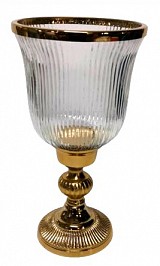 Γυάλινο Κηροπήγιο Με Μεταλλική Χρυσή Ραβδωτή Βάση 19x19x38cm