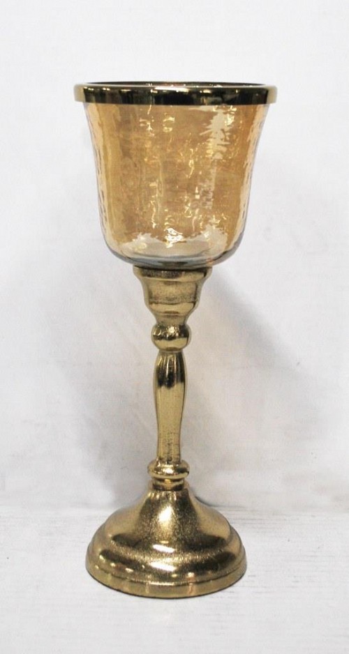 Γυάλινο Μελί Κηροπήγιο Με Μεταλλική Αντικέ Χρυσή Βάση 11.5x11.5x30.5cm