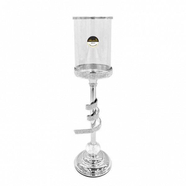 Ψηλό Γυάλινο Κηροπήγιο με Μεταλλικό Ασημί Πόδι & Στρογγυλή Βάση 12x45cm