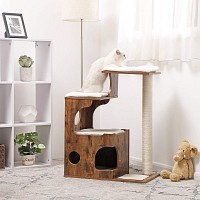 FEANDREA 86 cm Cat Tree, Medium Cat Tower with 3 Beds and Cave, Cat Condo Made of MDF with Wood Veneer, Sisal Post and Washable Faux Fur, Vintage, Rustic Brown and White PCT70HW