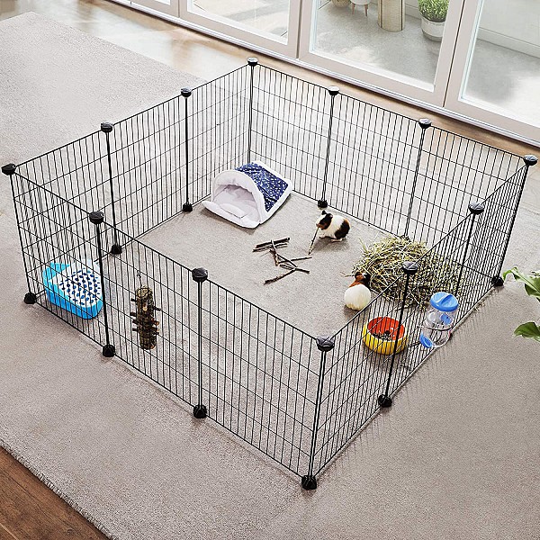 SONGMICS Guinea Pig Playpen, Indoor Rabbit Run Hutch Cage, Large Exercise Enclosure, DIY Metal Modular Fence for Hamster, Pet, Small Animals, Black LPI01H