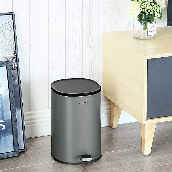 SONGMICS Rubbish Bin, 5 L Bathroom Bin, Steel Pedal Bin, with Inner Bucket, Soft-Close Lid, and Handle, for Bathroom, Toilet, Grey and Black LTB14GS