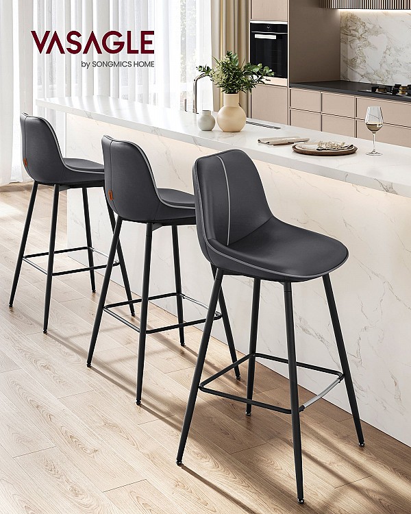 VASAGLE Set of 2 Bar Stools, Kitchen Chairs, Ergonomic Backrest, PU Upholstery, Metal Legs with Adjustable Feet, 73 cm Height, Easy Assembly, Ink Black LBC888B01