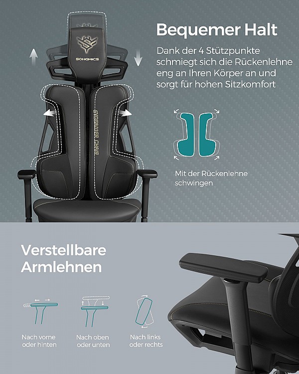 SONGMICS Gaming Armchair, EVOGAMER Chair, Office Chair, Imitation Carbon Fiber, with Adjustable Headrest and Armrests, Reclining Backrest, Capacity 150 kg, Ink Black OBG067B01