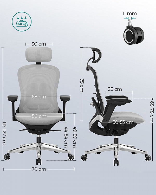 SONGMICS Office Chair, Ergonomic Adjustable Canvas Chair, Reclining Backrest, Front or Rear Adjustable Seat, 4D Armrests, Lumbar Support, Capacity 150kg, Dove Grey OBN065G01
